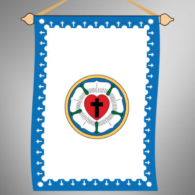 Felül bújtatóval ellátott, kültéri álló Evangélikus zászló