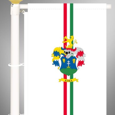 Felül bújtatóval, oldalt szalagerősítéssel ellátott, álló kültéri település zászló